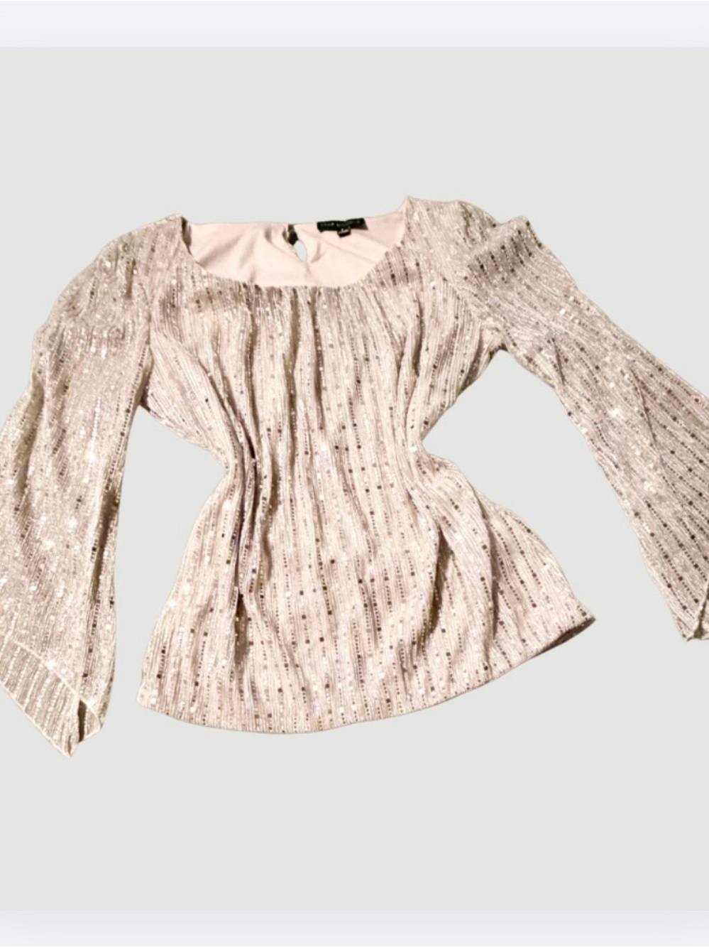 Sara Michelle Champagne “Sequin” Blouse, Bell Sleeves, Lined, Size L